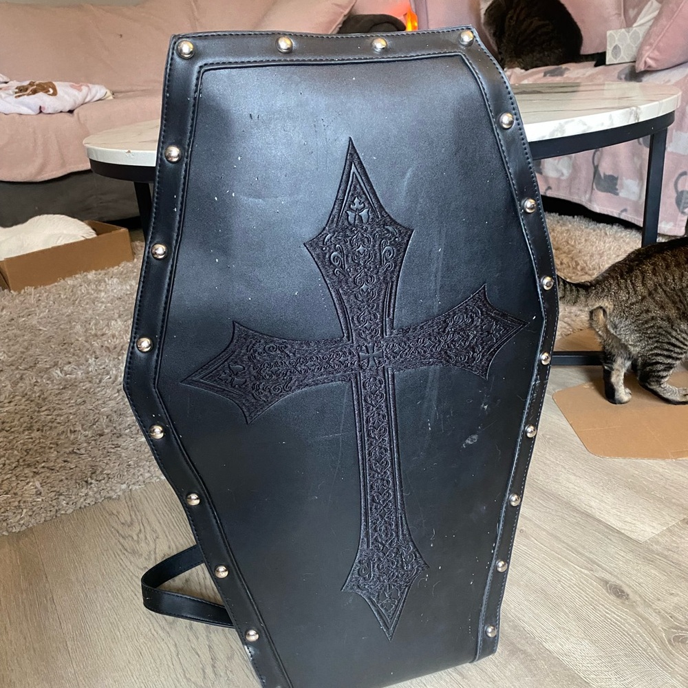 Black Coffin-Shaped Backpack with Cross Design